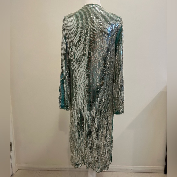 VINTAGE | SEQUIN SILK ART DECO PALM TREE MIAMI TROPICAL SILVER DISCO DRE… - Picture 7 of 15